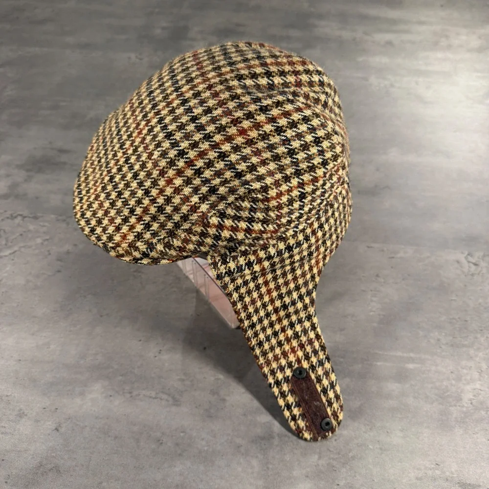 Carriglen Bugatti Flat‎ Cap Mens Brown Houndstooth Wool Blend Ear Flaps England